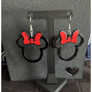 Minnie Mouse Black & Red Glitter Dangle Earrings